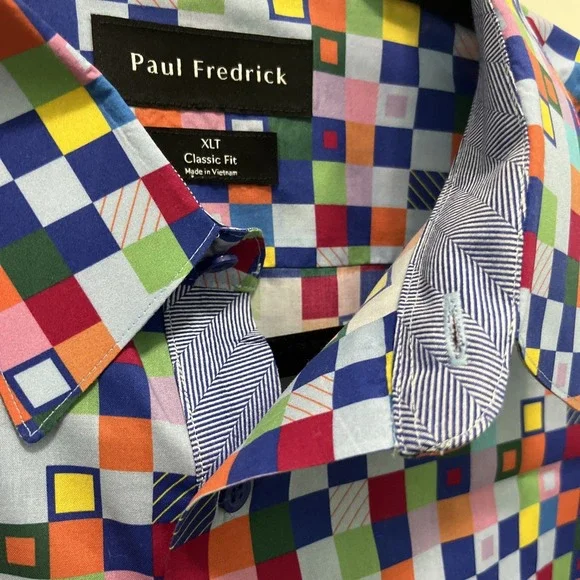Paul Fredrick Dress Shirt Mens Blue Geometric Classic Fit XLT Modern Statement - Picture 4 of 5